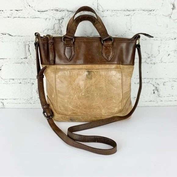 Frye Melissa Small Tote Crossbody Two Tone Brown Leather Purse Bag - Picture 5 of 15